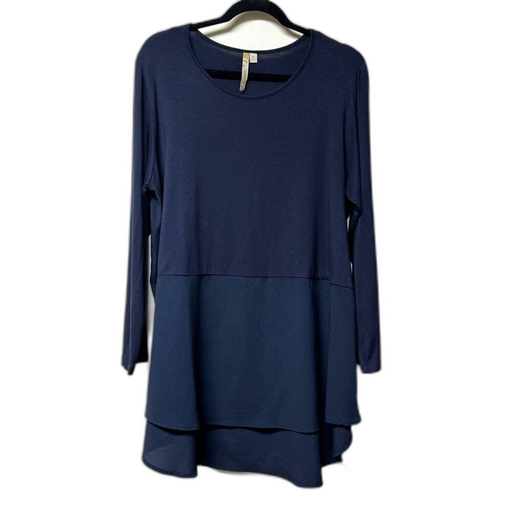 COMFY USA Navy Mixed Media Long Sleeve Tunic Blouse, Sz XL